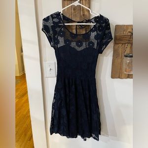 Navy dress, open back, floral lace